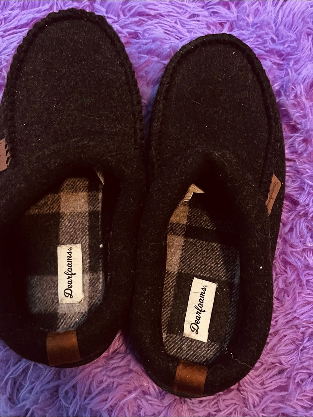 dearfoams mens Black Slip-On Moccasin Slippers with Plaid Insole